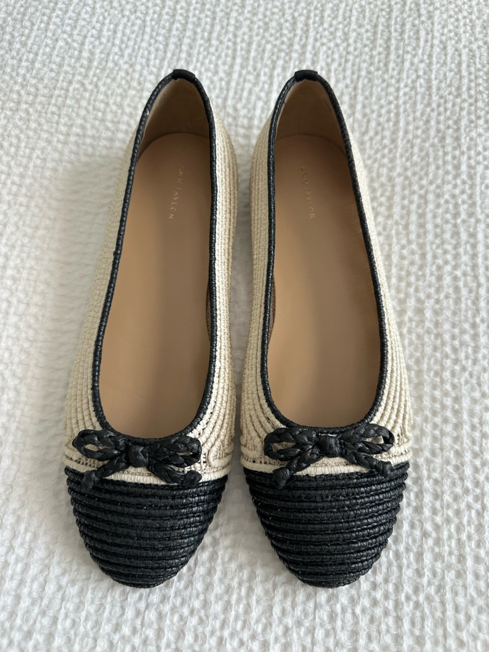 Ann Taylor Black & Cream Raffia Ballet Flats